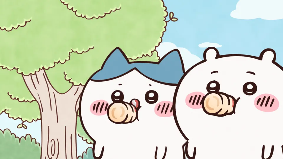 ABEMAの第8話配信ページに掲載された場面画像（2枚目）。アニメ『ちいかわ』第8話「みんなでヤクルト／毛玉でた」に対応する画像