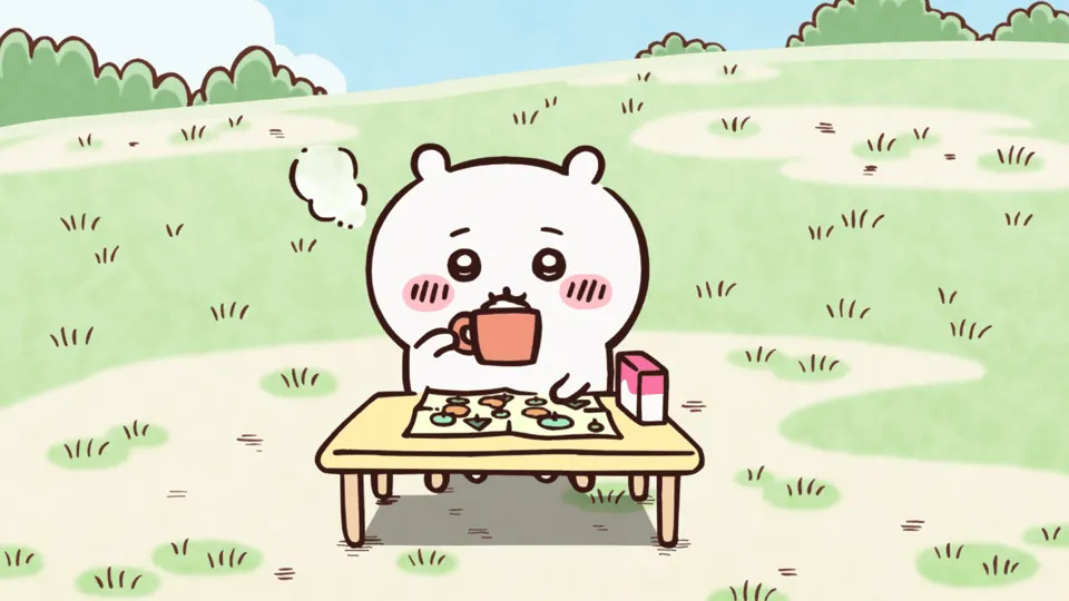 ABEMAの第9話配信ページに掲載された場面画像（1枚目）。アニメ『ちいかわ』第9話「たべっ子どうぶつ／ブタメン」に対応する画像