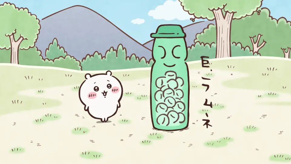 ABEMAの第13話配信ページに掲載された場面画像（1枚目）。アニメ『ちいかわ』第13話「ラムネ／焼きマシュマロ」に対応する画像
