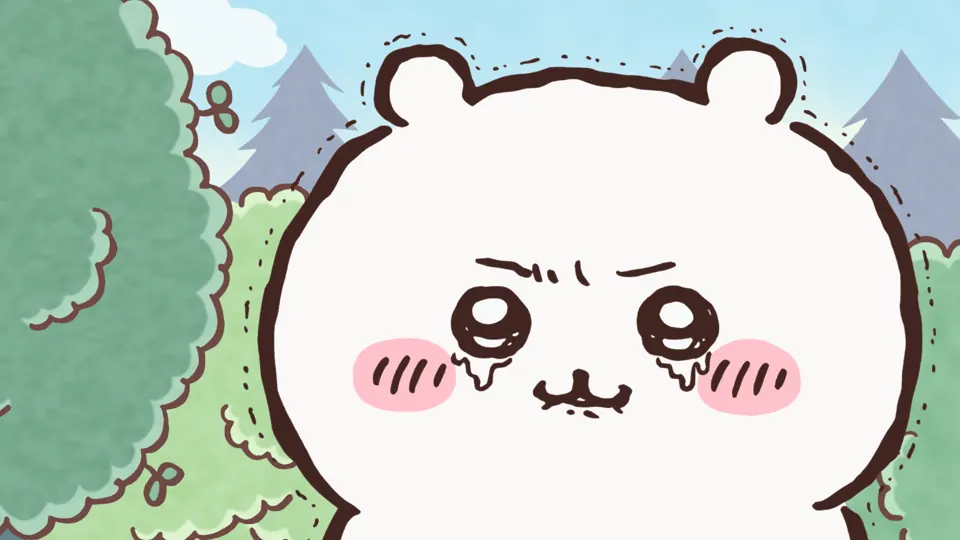 ABEMAの第16話配信ページに掲載された場面画像(1枚目)。アニメ『ちいかわ』第16話「キメラ/イヤ」に対応する画像