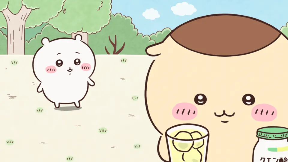 ABEMAの第49話配信ページに掲載された場面画像（1枚目）。アニメ『ちいかわ』第49話「水風呂／クエン酸」に対応する画像