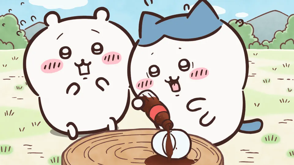 ABEMAの第103話配信ページに掲載された場面画像（1枚目）。アニメ『ちいかわ』第103話「肉みがき／注ぎ方のマネ」に対応する画像