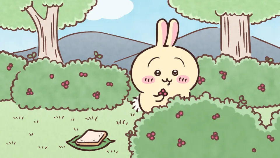 ABEMAの第104話配信ページに掲載された場面画像（1枚目）。アニメ『ちいかわ』第104話「ジャムトースト／マネするなッ」に対応する画像