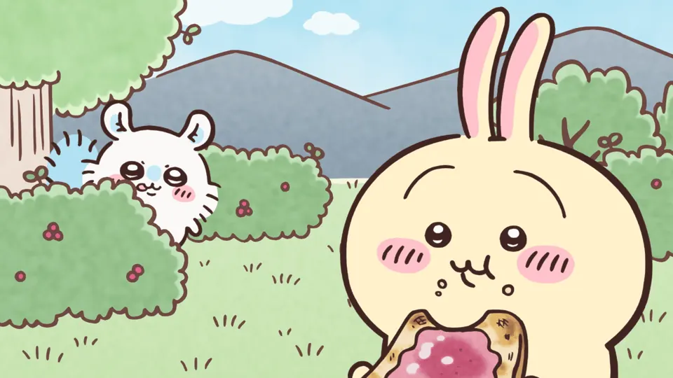 ABEMAの第104話配信ページに掲載された場面画像（2枚目）。アニメ『ちいかわ』第104話「ジャムトースト／マネするなッ」に対応する画像