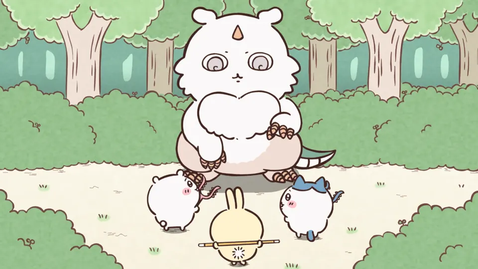 ABEMAの第130話配信ページに掲載された場面画像（3枚目）。アニメ『ちいかわ』第130話「おっきい討伐②」に対応する画像