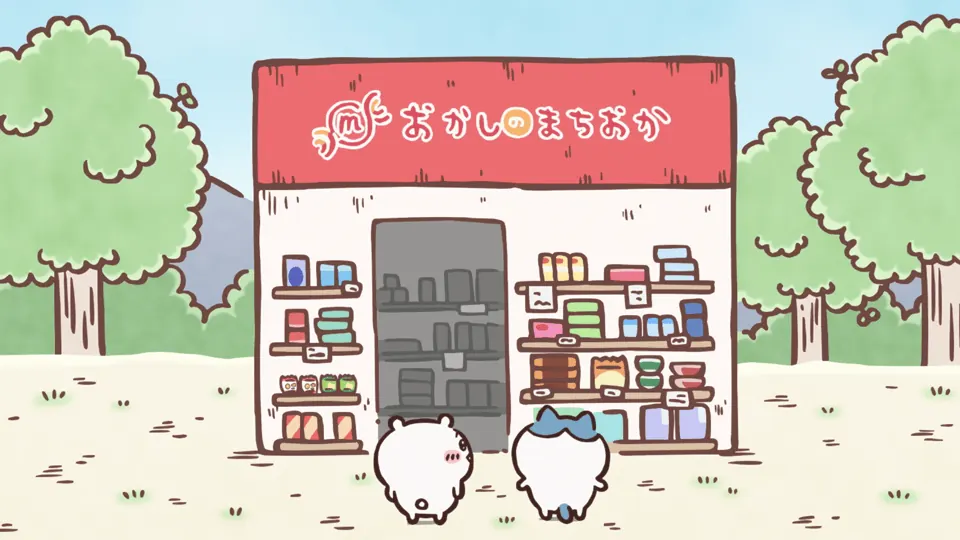 ABEMAの第136話配信ページに掲載された場面画像（1枚目）。アニメ『ちいかわ』第136話「おかしのまちおか」に対応する画像