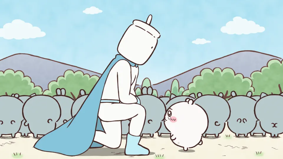 ABEMAの第141話配信ページに掲載された場面画像（1枚目）。アニメ『ちいかわ』第141話「むちゃうマン⑤」に対応する画像