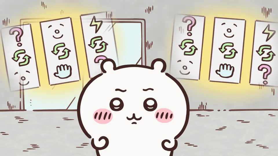 ABEMAの第210話配信ページに掲載された場面画像(2枚目)。アニメ『ちいかわ』第210話「スロット⑨」に対応する画像
