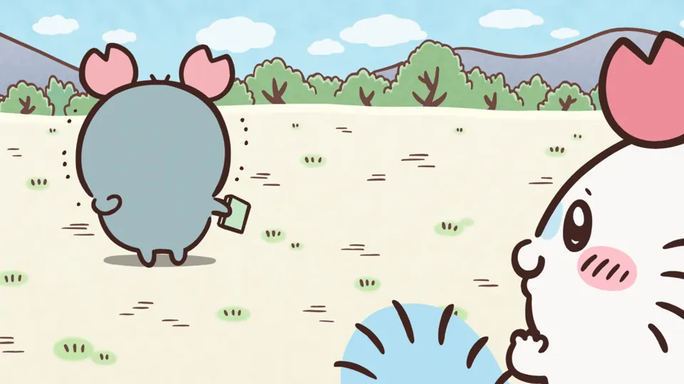 ABEMAの第341話配信ページに掲載された場面画像(3枚目)。アニメ『ちいかわ』第341話「カニ/カニあいさつ」に対応する画像