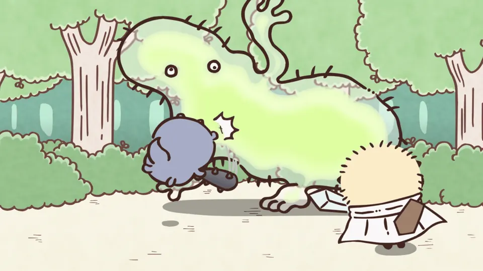 ABEMAの第343話配信ページに掲載された場面画像（3枚目）。アニメ『ちいかわ』第343話「先生と討伐①」に対応する画像