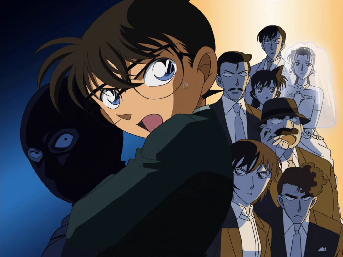 テレビアニメ第449話「本庁の刑事恋物語 偽りのウエディング」の場面写（コナンと式場の面々と目出し帽の男）