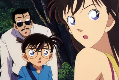 第243話「毛利小五郎のニセ者（前編）」公式場面写真：森の中の小五郎・コナン・蘭