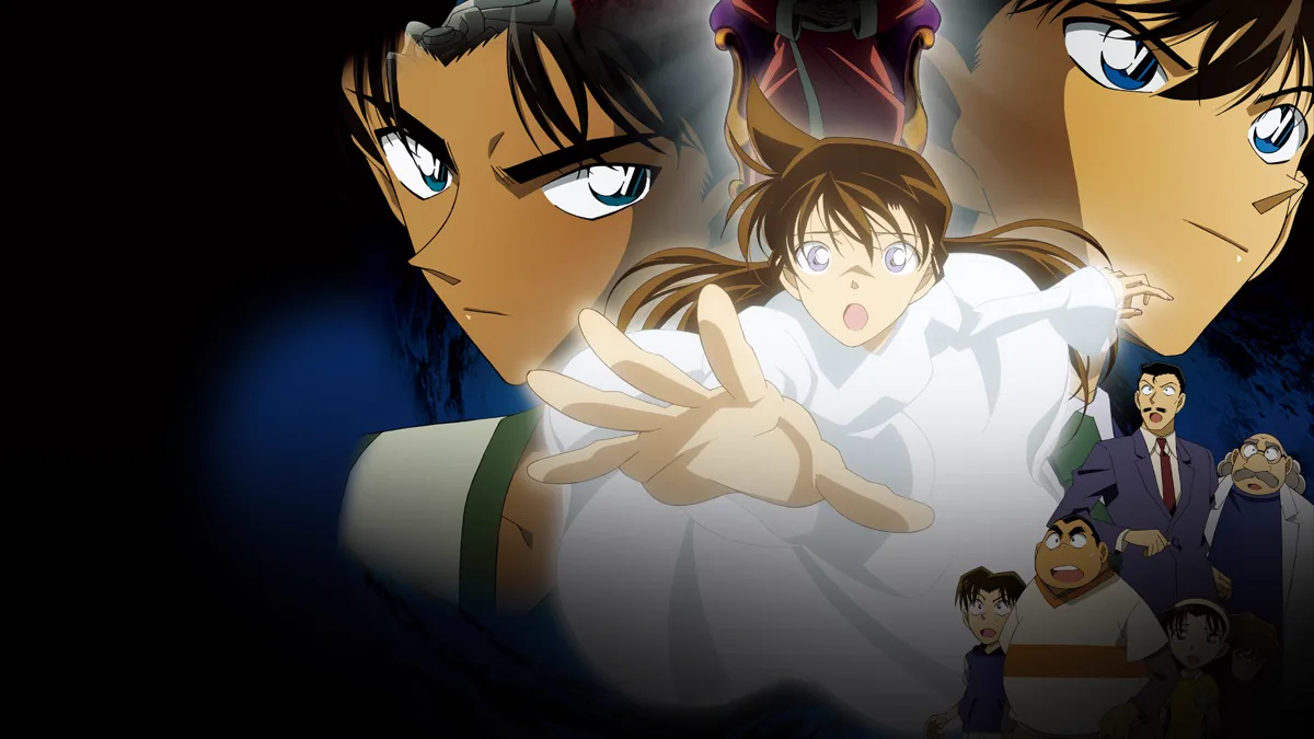 コナン、毛利蘭、服部平次、怪盗キッドと依頼人の影を配した『探偵たちの鎮魂歌』の公式キーアート
