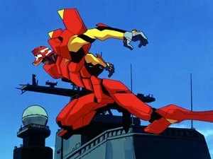 新世紀エヴァンゲリオン第八話でエヴァンゲリオン弐号機とともに登場する惣流・アスカ・ラングレーの公式場面画像