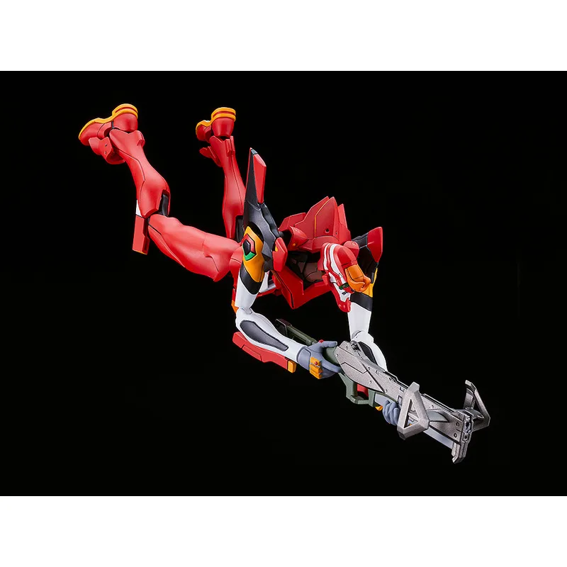 空中で武器を構えて降下する新劇場版エヴァンゲリオン2号機の公式アクション画像