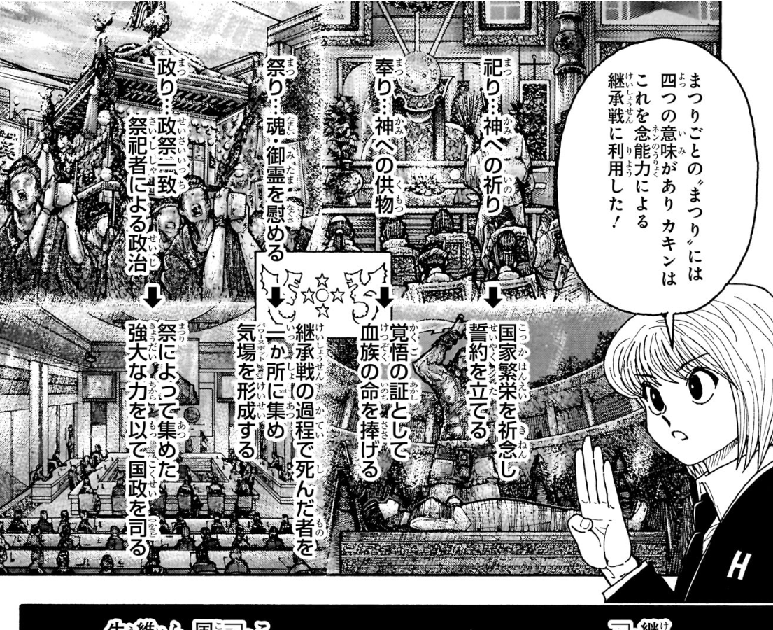 No.411でクラピカが継承戦を祭として分解し時間制限を考える場面