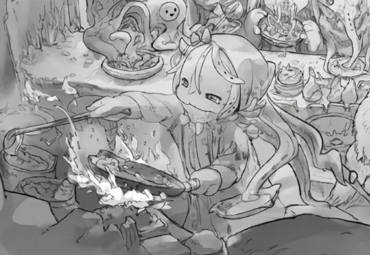 店の厨房で料理するムーギィの原作漫画場面